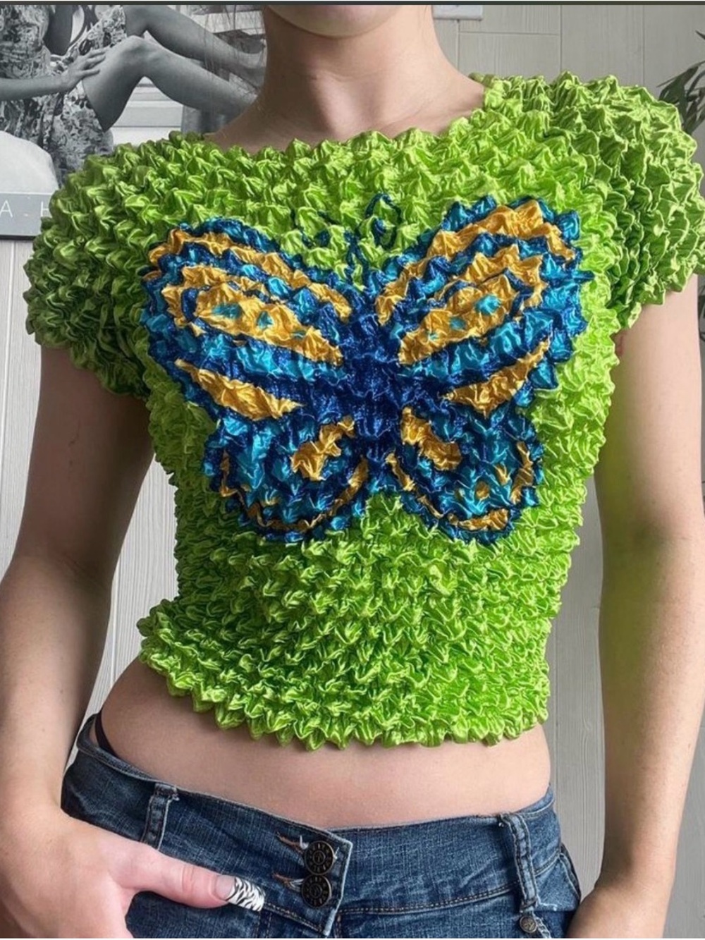 Y2K VTG Lime Green Popcorn Butterfly Crop Top